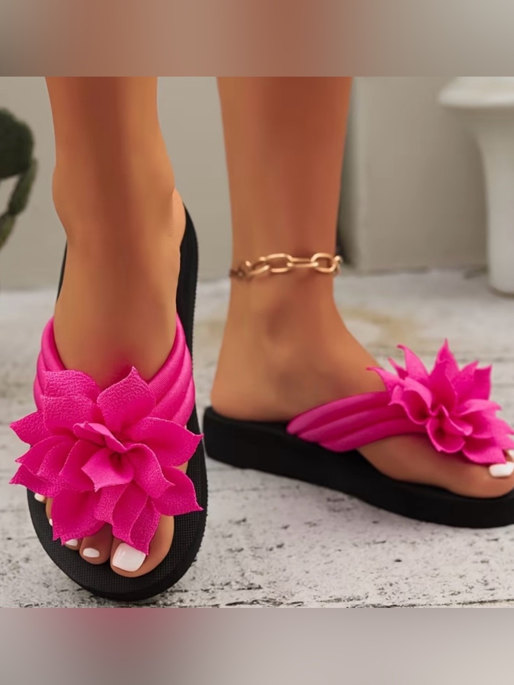 New Pink 3D Floral Sandals Thongs Flip Flops Summer Beach Flower Shoes Size 8